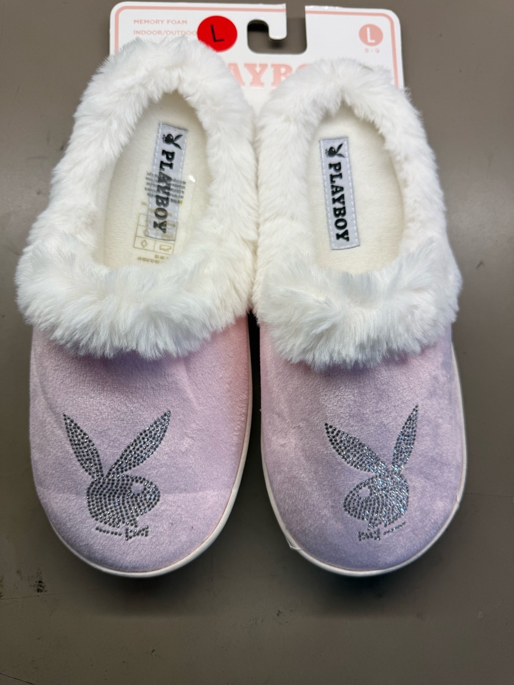 New w/ Tags Playboy Pink Faux Fur Slippers Bunny Logo Memory Foam Size Large 8-9